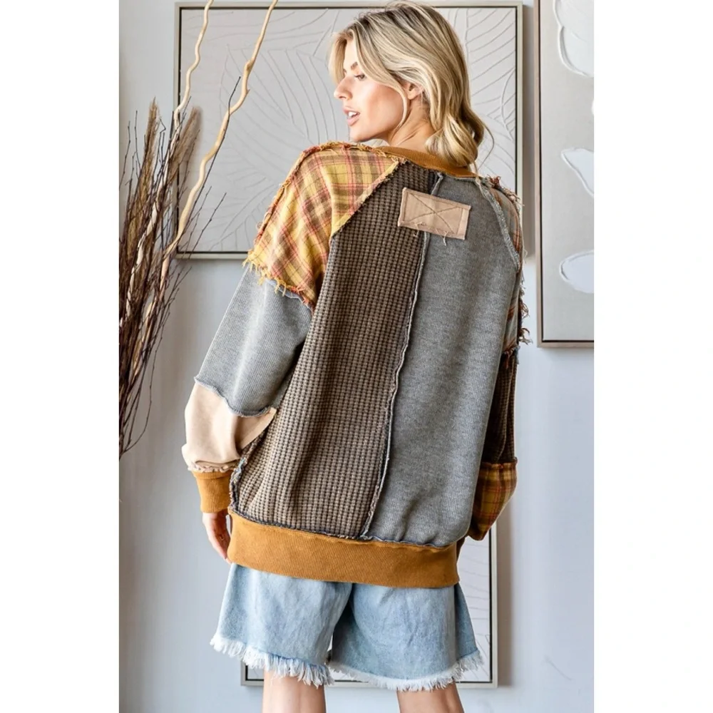 Oli & Hali Washed Mixed Fabric Plaid Pullover in Mustard Combo - Picture 8 of 14